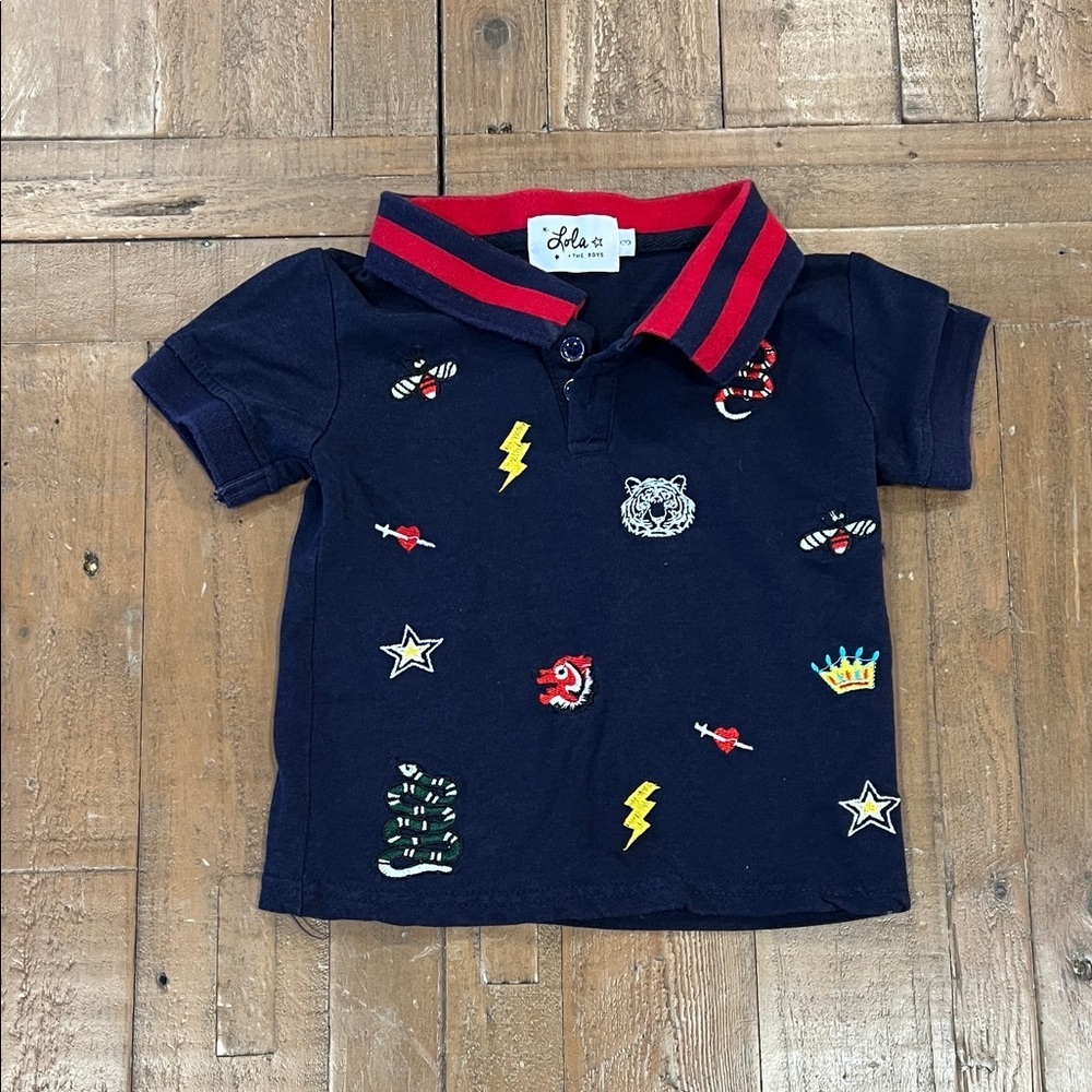 Lola + the boys patch short sleeve polo shirt navy red l kids 3 fits like a 2
